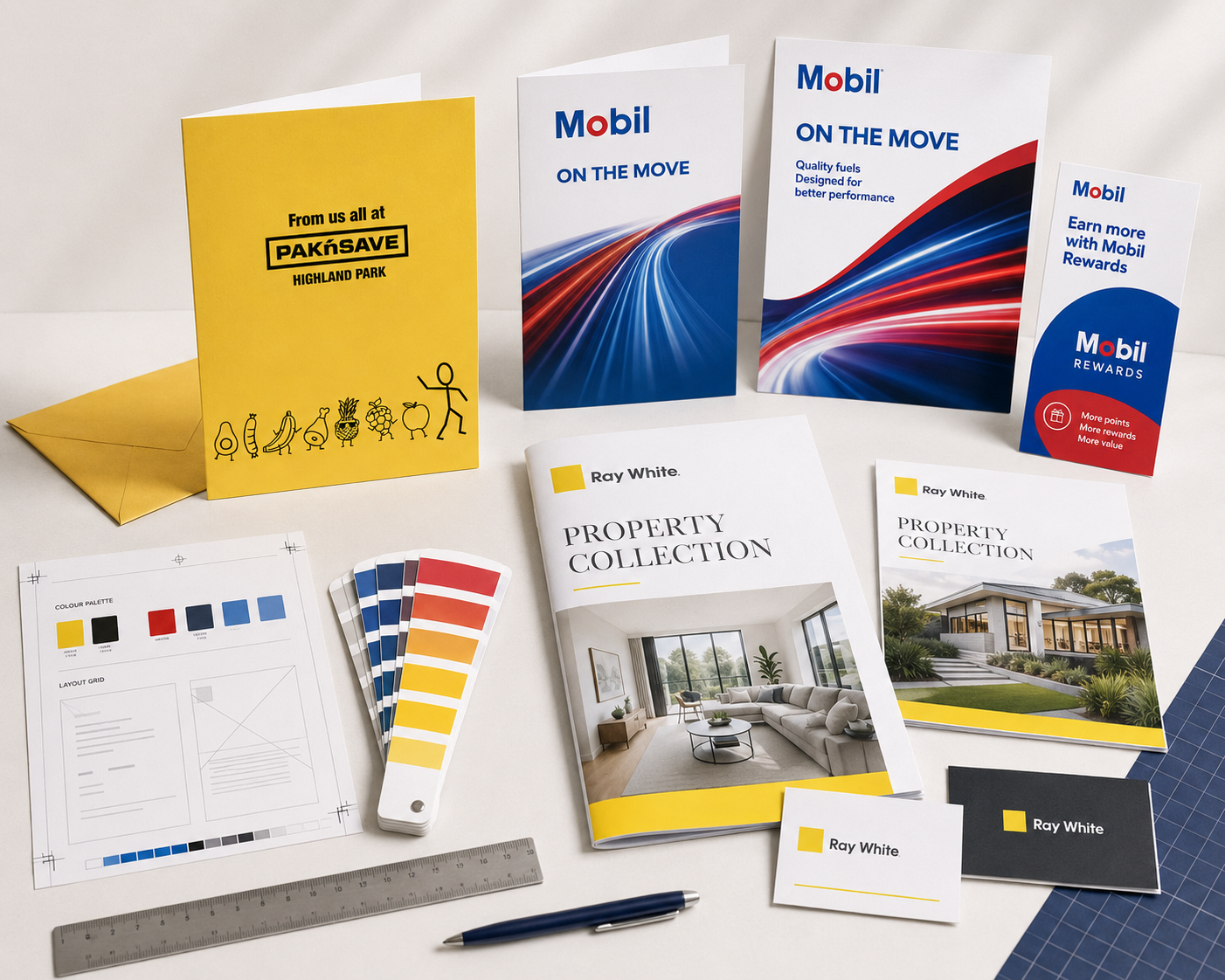 Graphic design across brochures, cards, property publications and branded print collateral