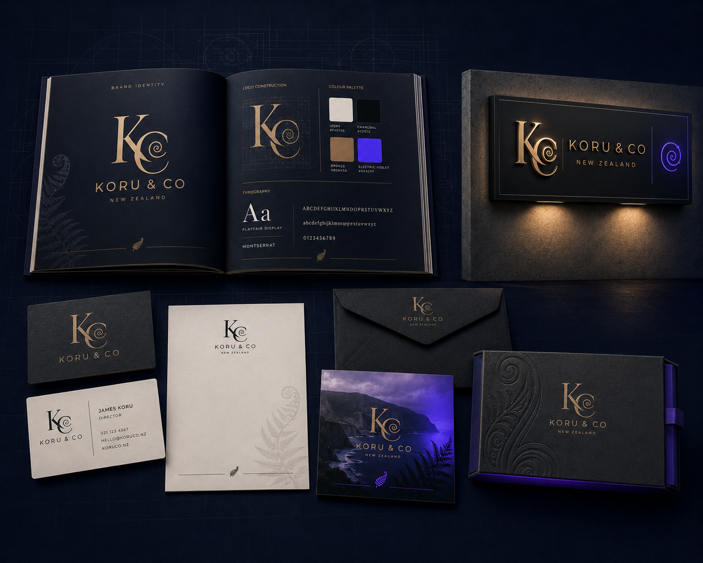 Koru & Co brand identity system across guidelines, signage, stationery and packaging