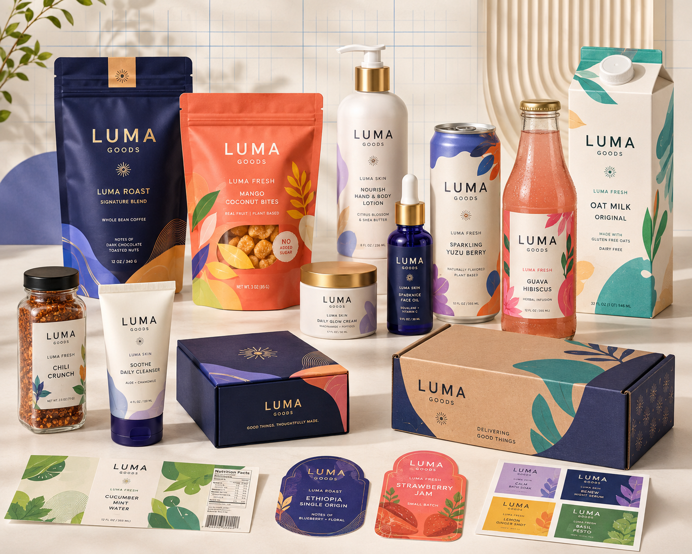 Luma Goods packaging and label design system across food, drink and skincare products