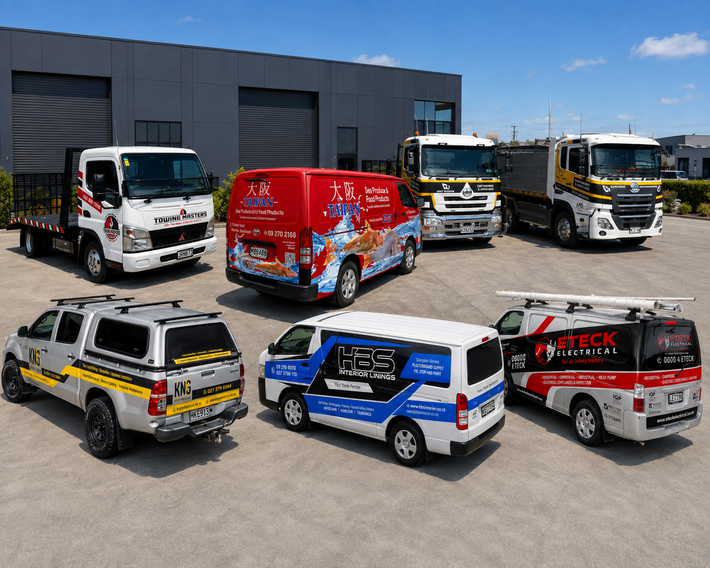 Commercial fleet featuring branded vehicle signage across trucks, vans and utility vehicles