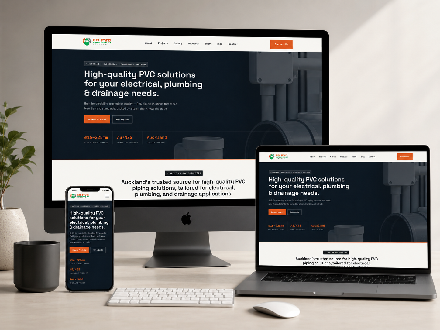 ER PVC website shown on iMac, MacBook and iPhone mockups by Vivid Icon