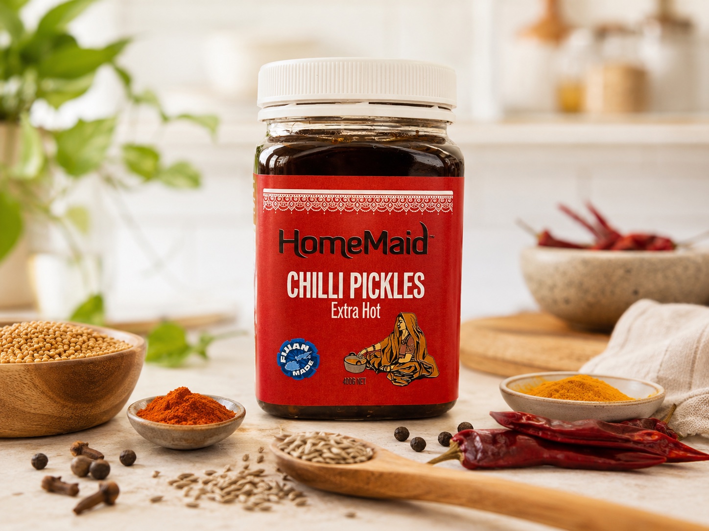 HomeMaid extra hot Chilli Pickles jar label design