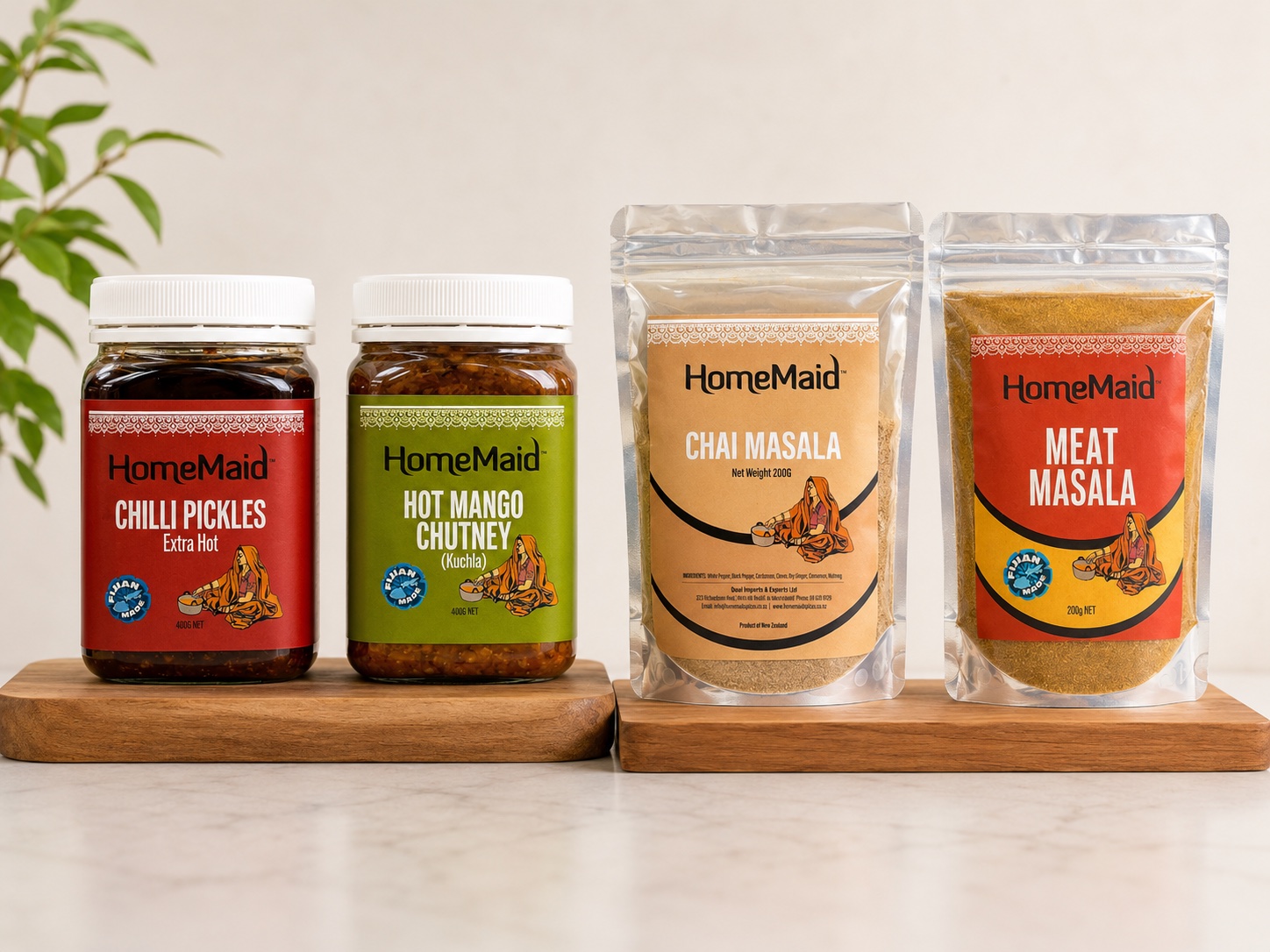 HomeMaid Chilli Pickles, Hot Mango Chutney, Chai Masala and Meat Masala packaging