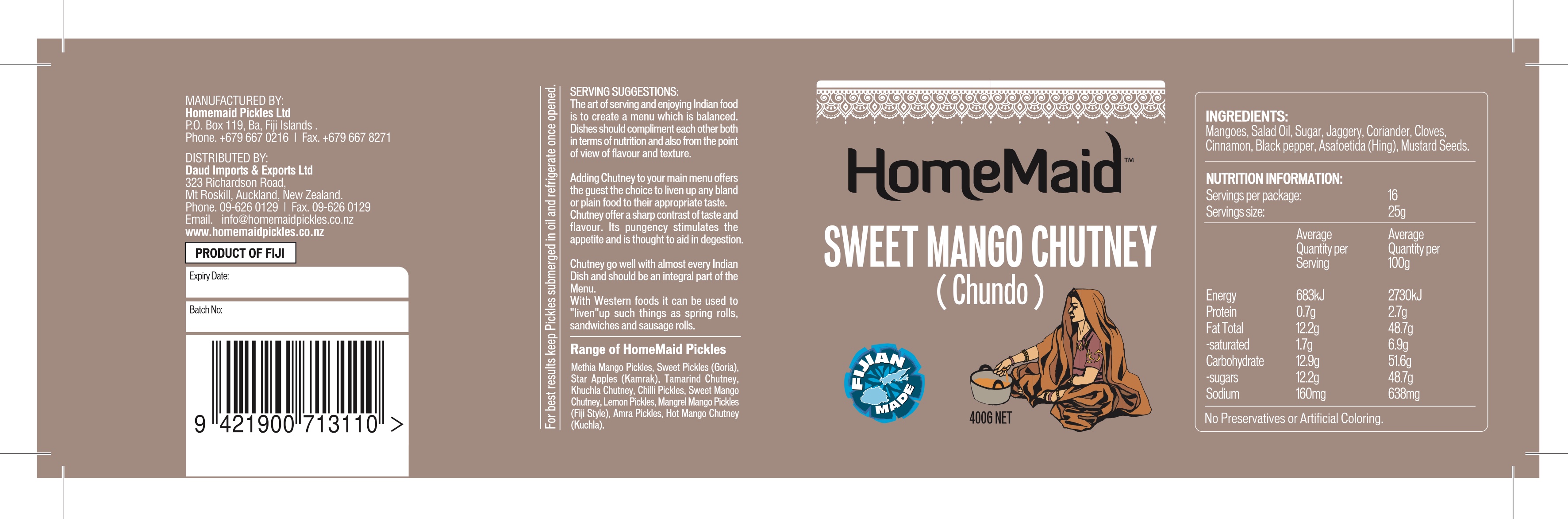 Complete HomeMaid Sweet Mango Chutney wrap label showing front, information and production panels
