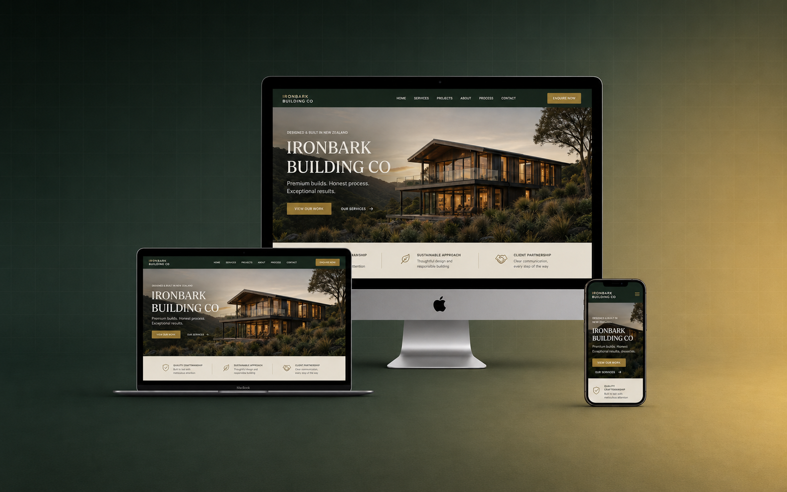 Ironbark Building Co website shown across desktop, laptop and mobile devices