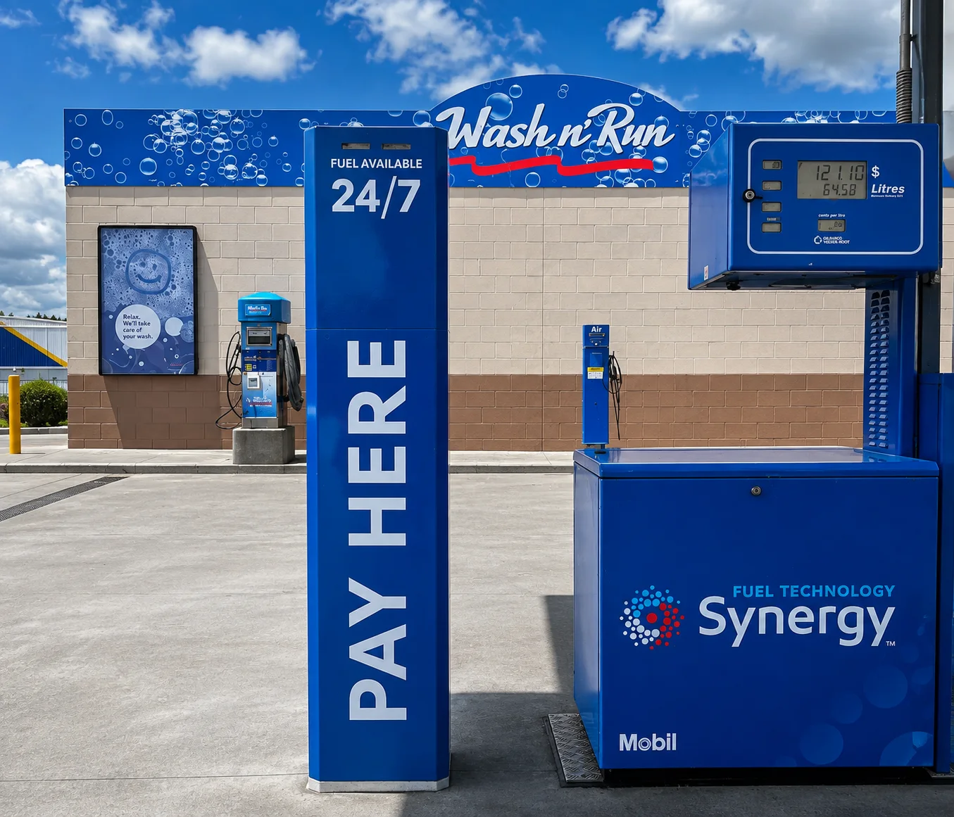 Mobil Ormiston PAY HERE payment tower and Synergy console on the forecourt