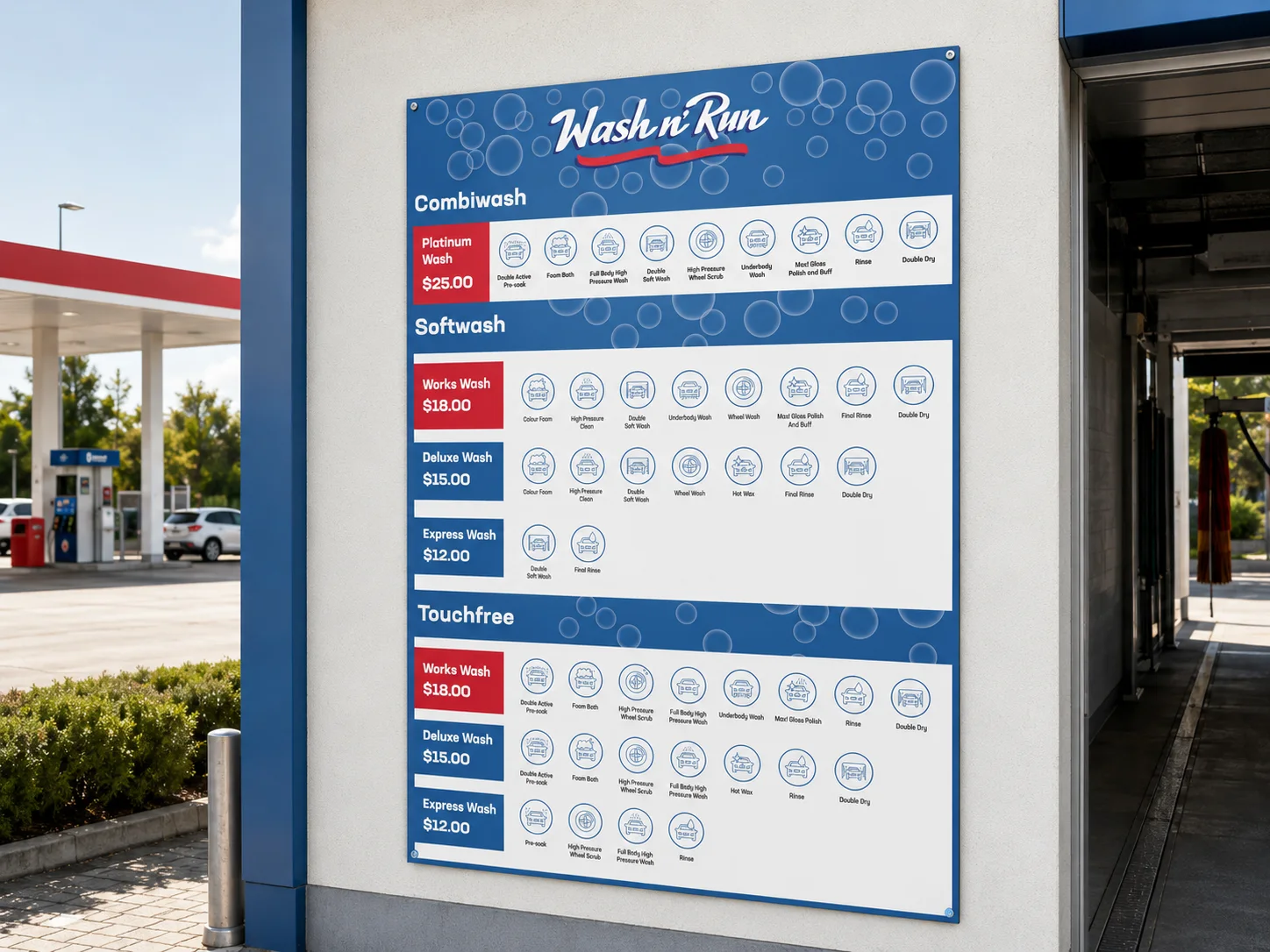 Mobil Ormiston Wash n Run car wash programme and pricing information board