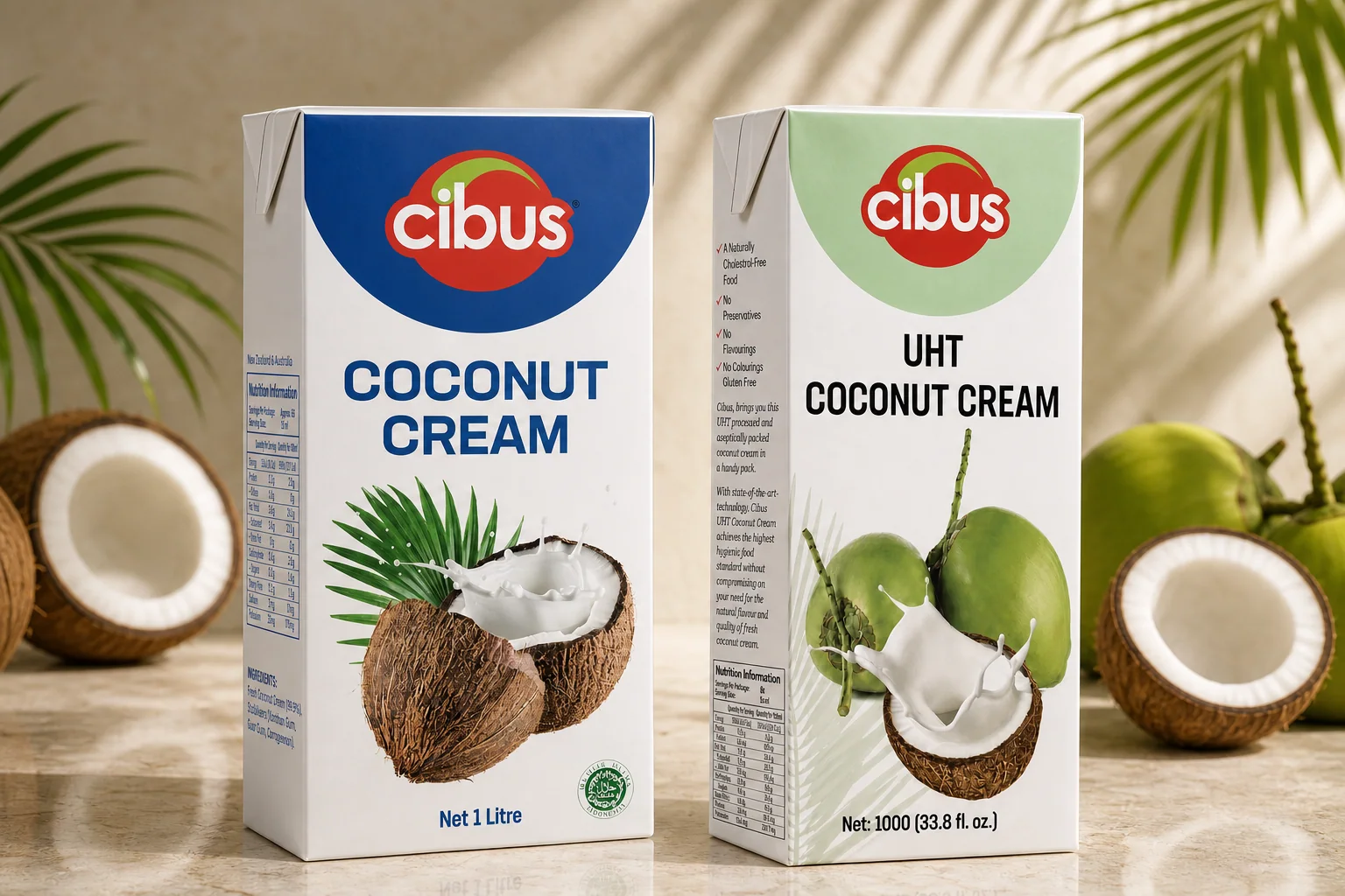 Premium studio photograph of the blue and green Cibus coconut cream cartons together