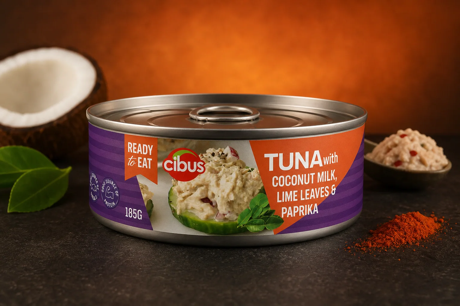 Premium studio photograph of Cibus tuna with coconut milk, lime leaves and paprika