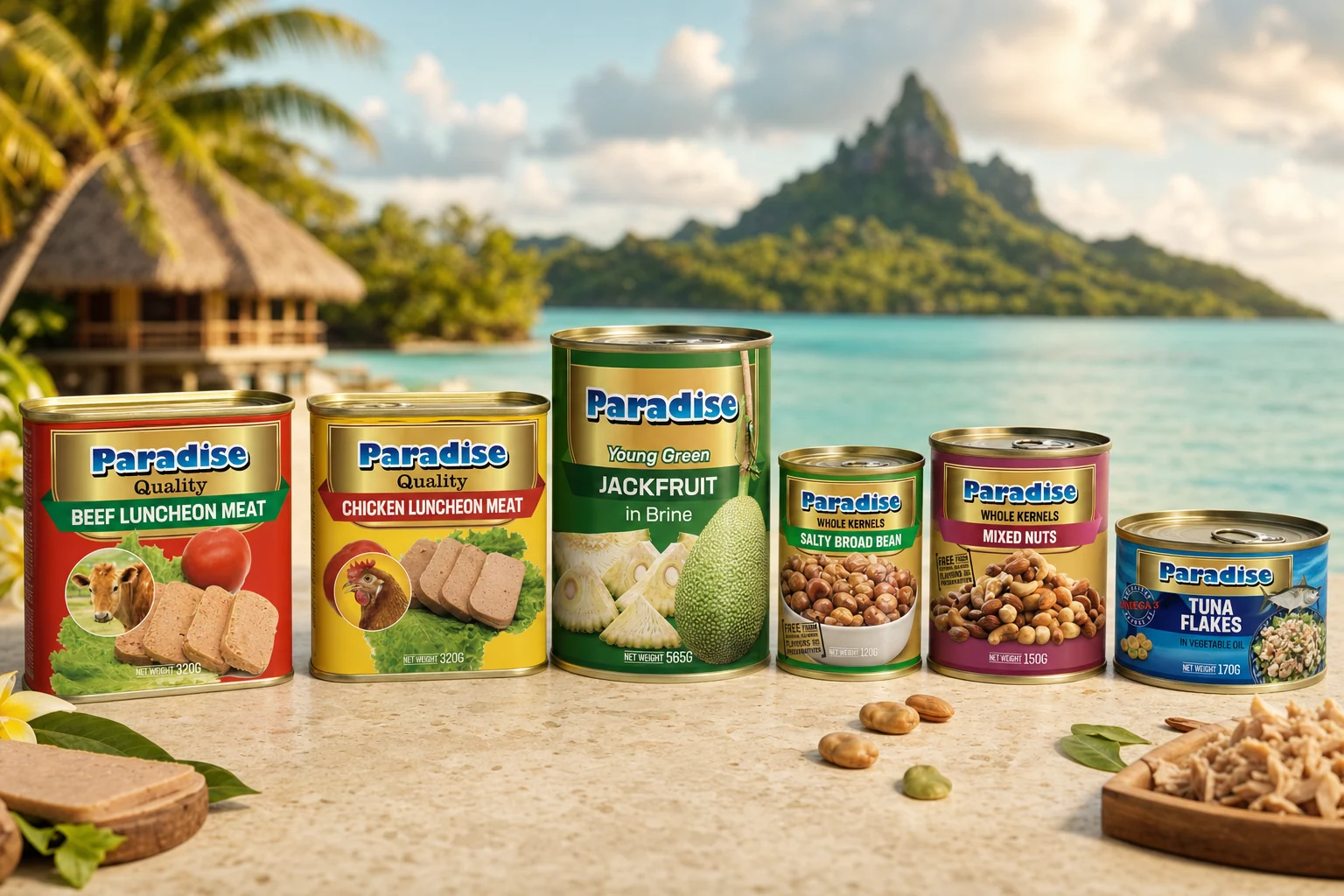 Complete Paradise canned product range photographed together in a South Pacific island setting