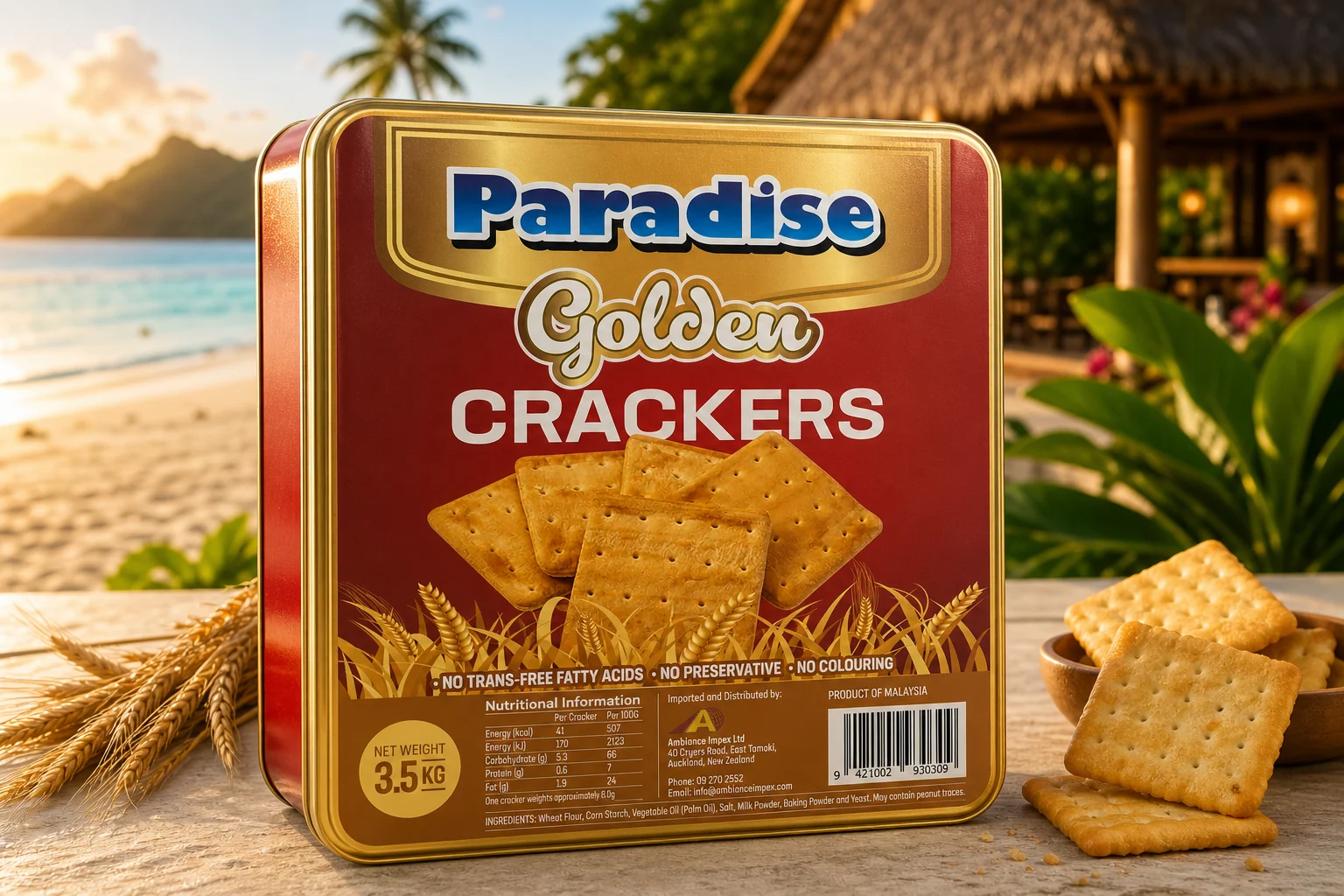 Paradise Golden Crackers tin photographed in a South Pacific island setting