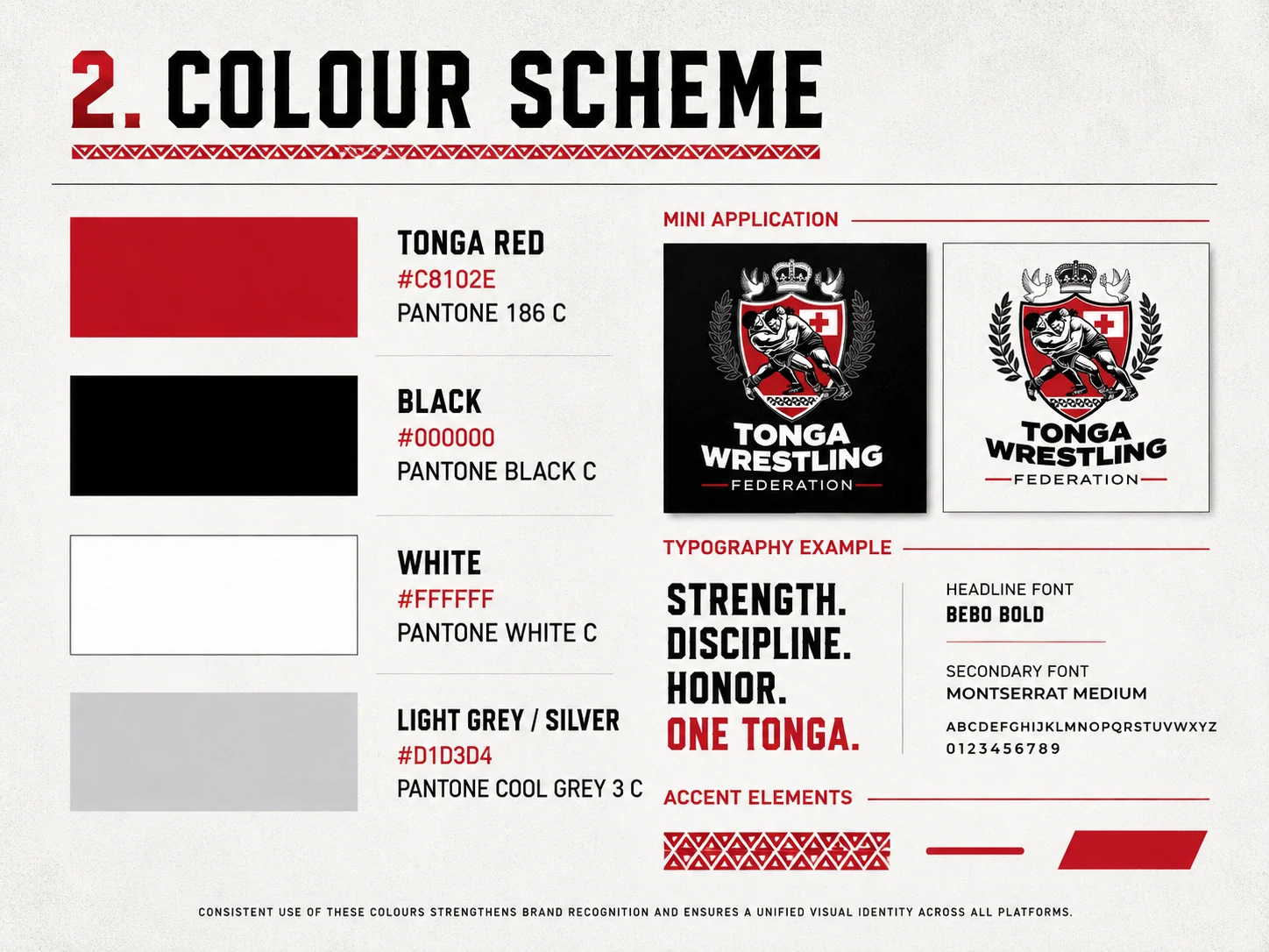 Tonga Wrestling Federation colour palette, typography and mini logo applications