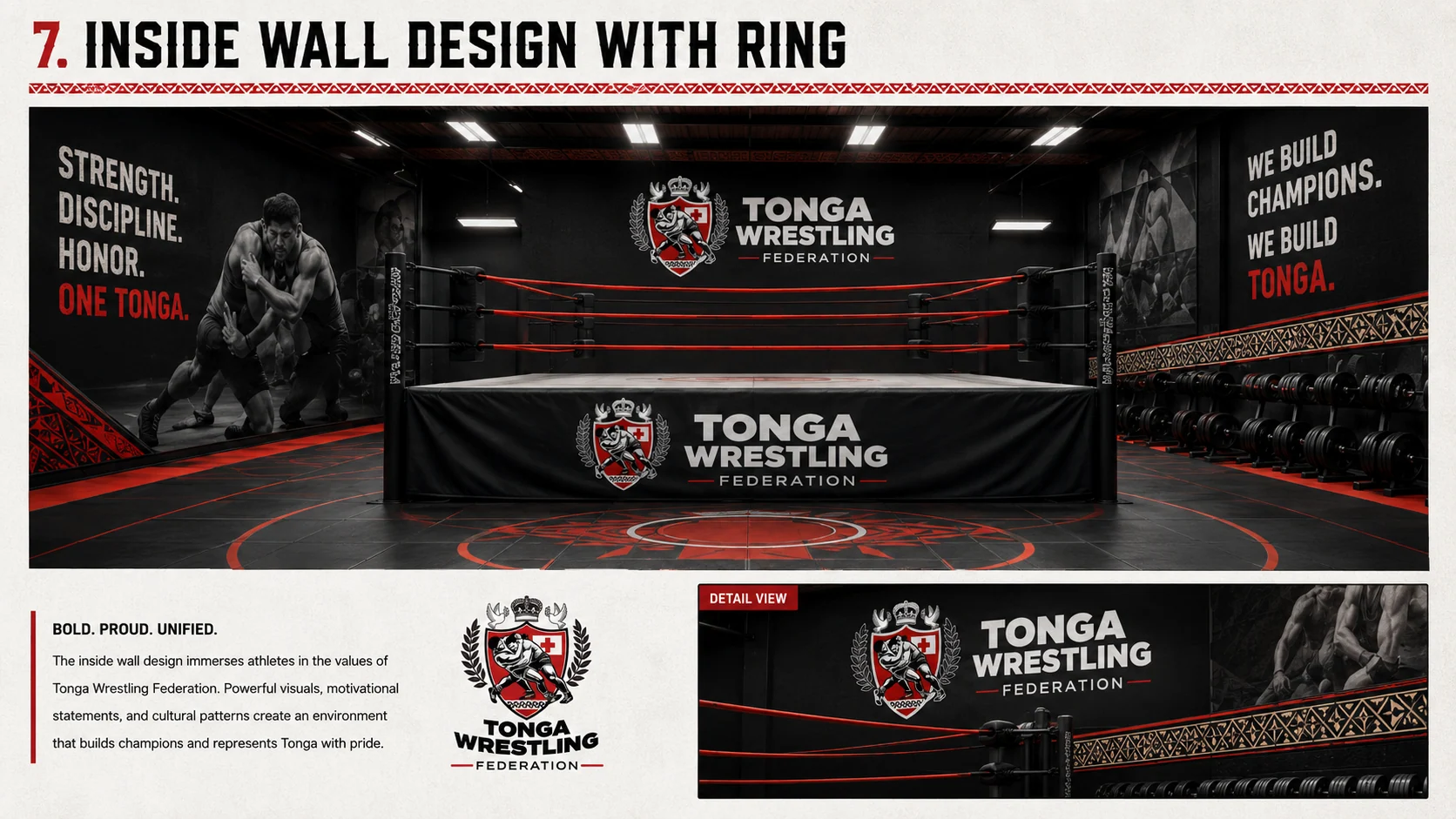 Tonga Wrestling Federation training facility interior branding concept