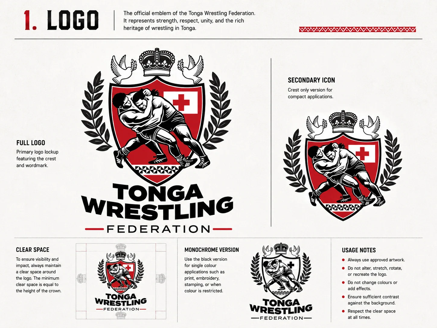 Tonga Wrestling Federation primary logo, secondary icon, clear space and monochrome guidance