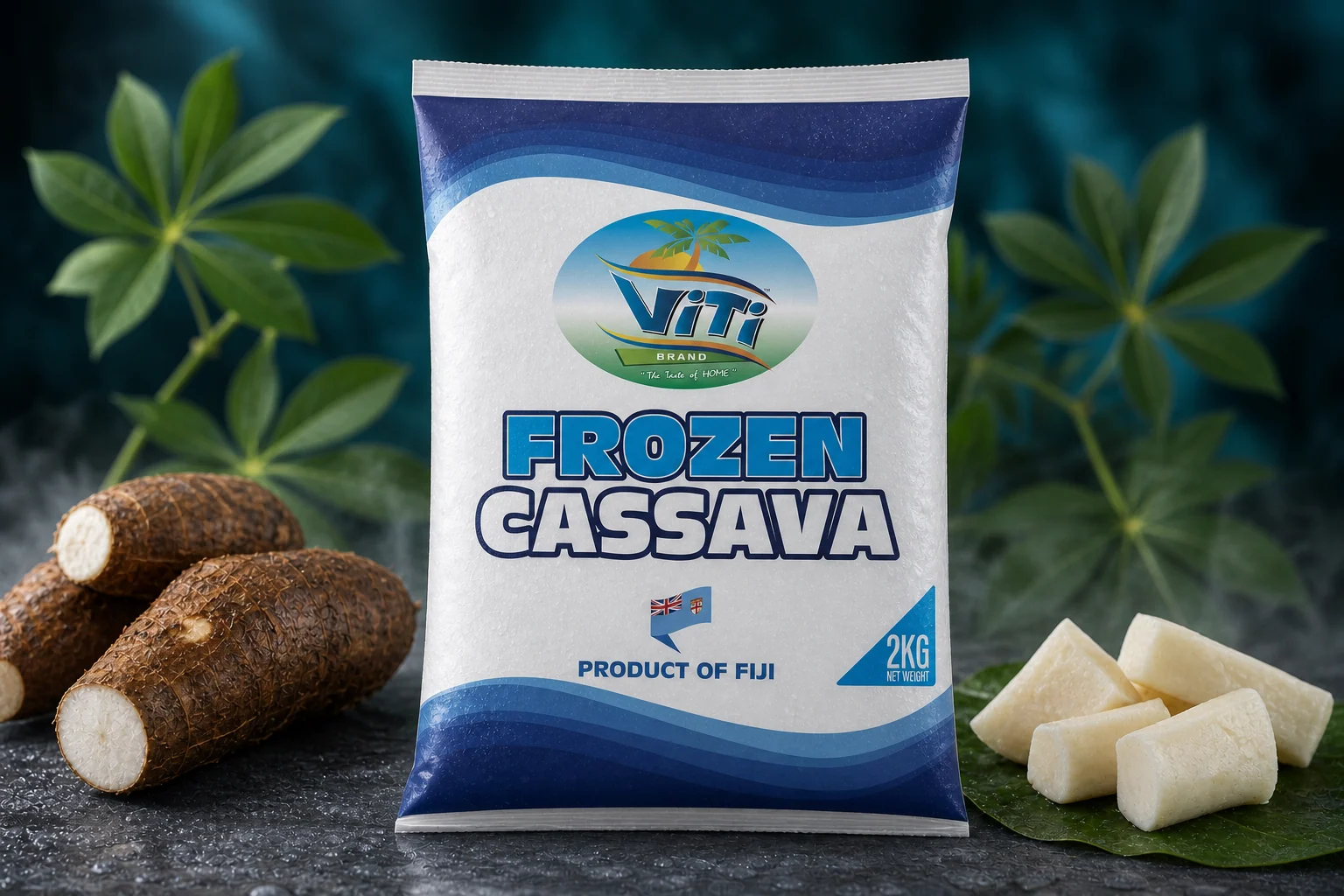 Premium studio photograph of the Viti 2 kg frozen cassava package
