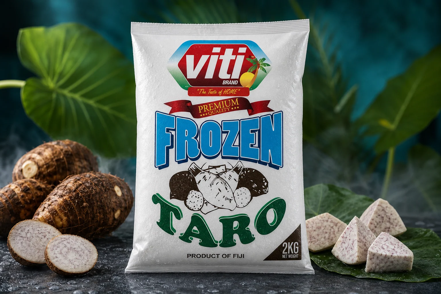 Premium studio photograph of the Viti 2 kg frozen taro package