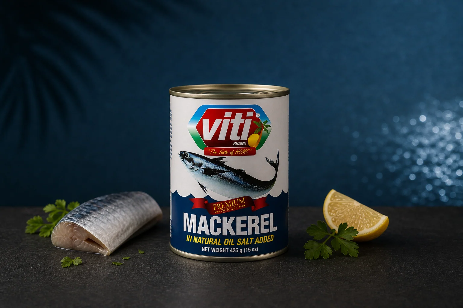 Premium studio photograph of the Viti mackerel in natural oil tin