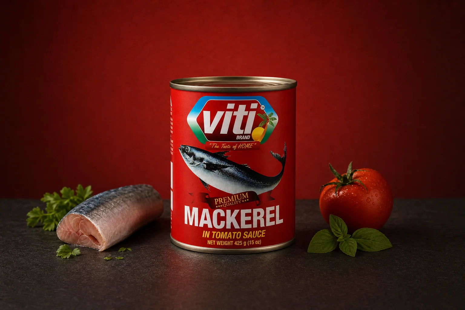 Premium wide studio photograph of the Viti mackerel in tomato sauce tin