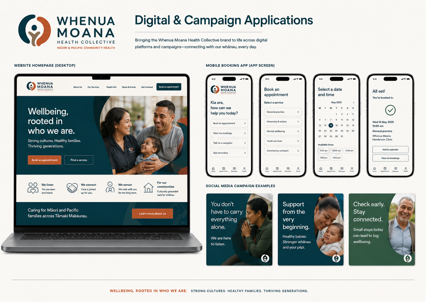 Whenua Moana website homepage, booking app screens and social media campaign examples