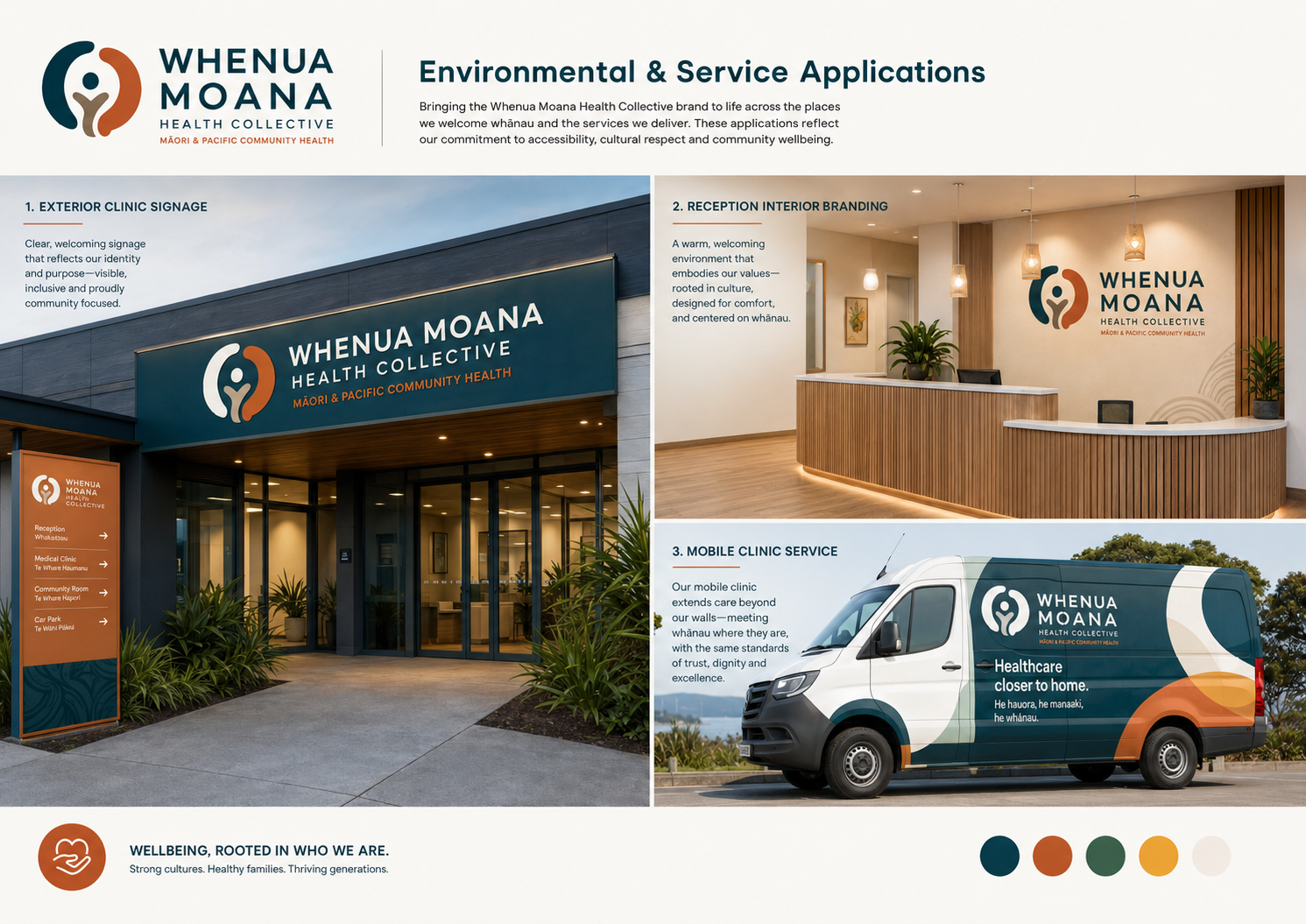 Whenua Moana exterior signage, reception branding and mobile clinic vehicle graphics