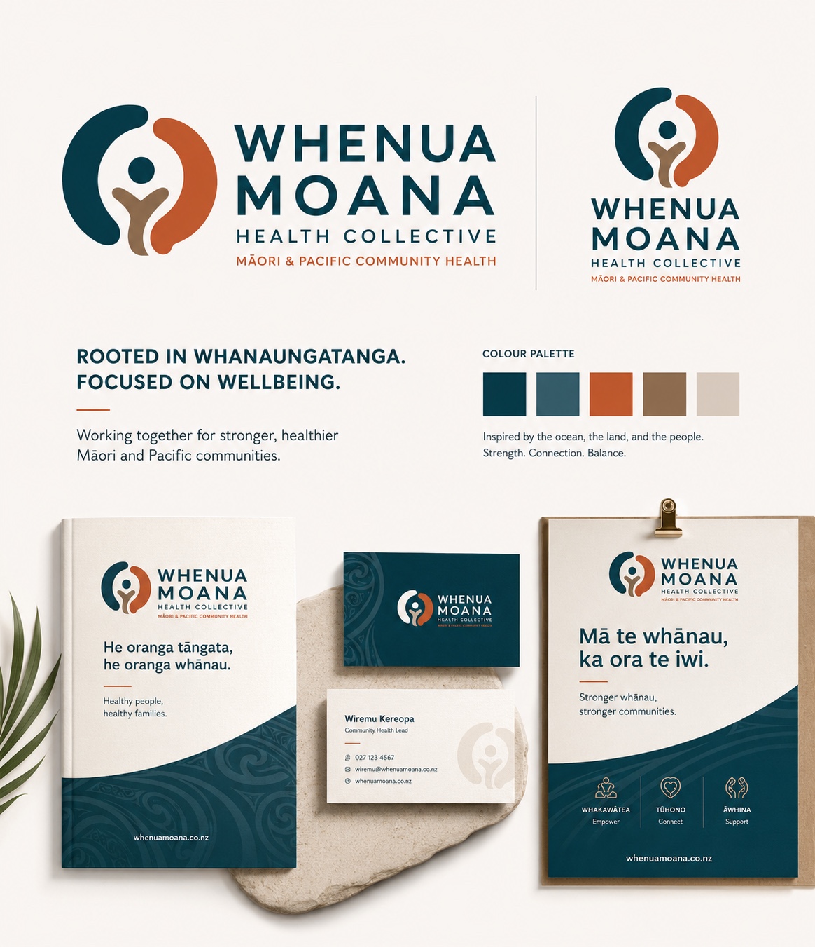 Whenua Moana Health Collective logo system, colour palette and branded communication materials