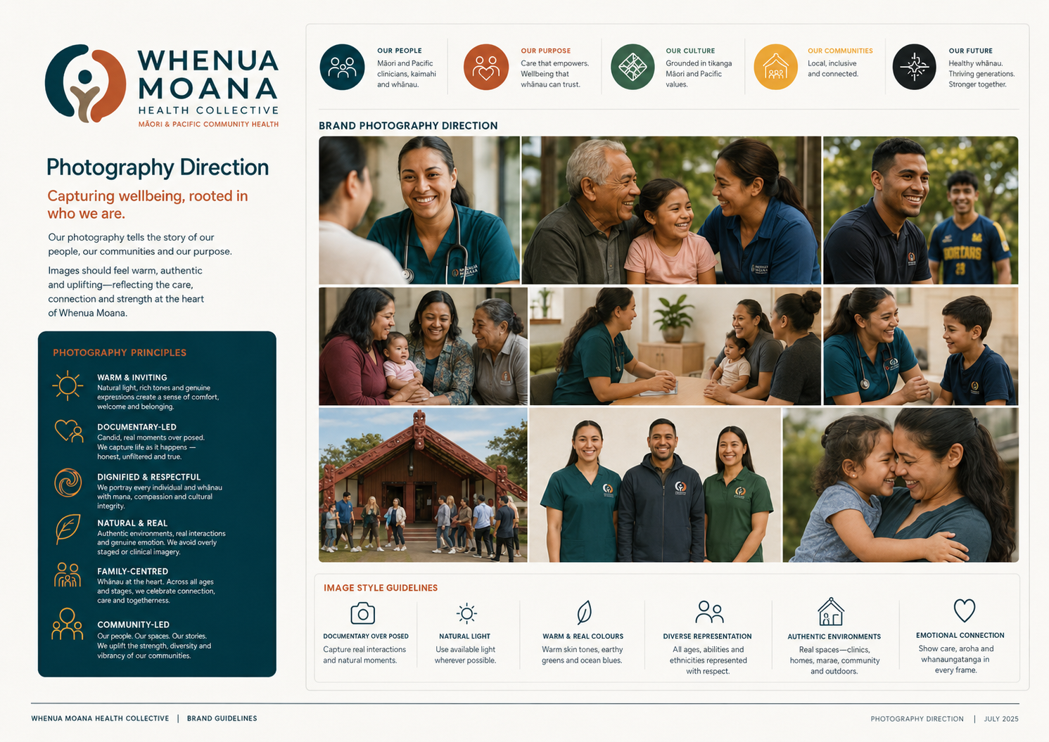 Whenua Moana photography direction showing warm Māori and Pacific community health imagery