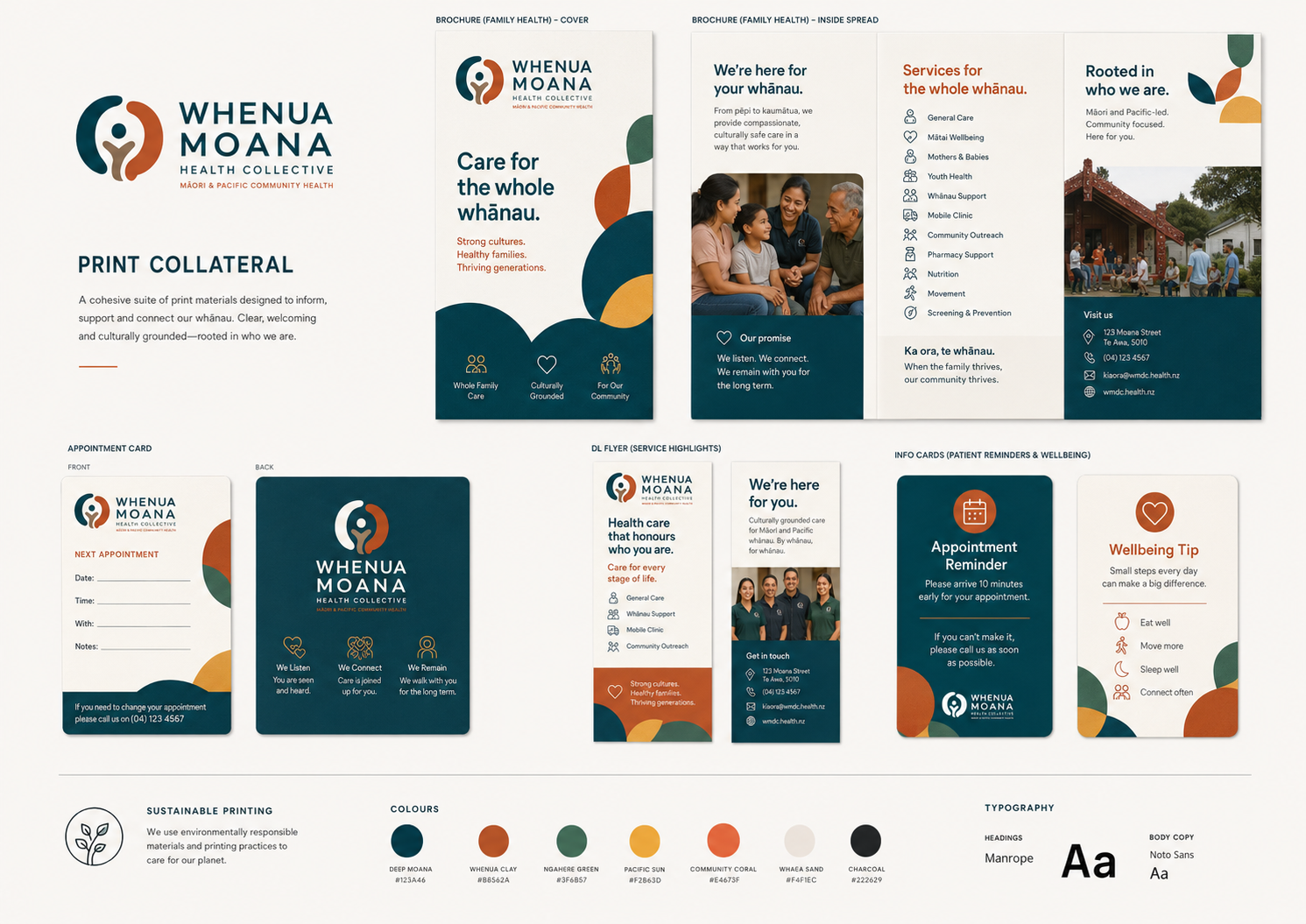 Whenua Moana brochures, appointment cards, flyers and wellbeing print collateral