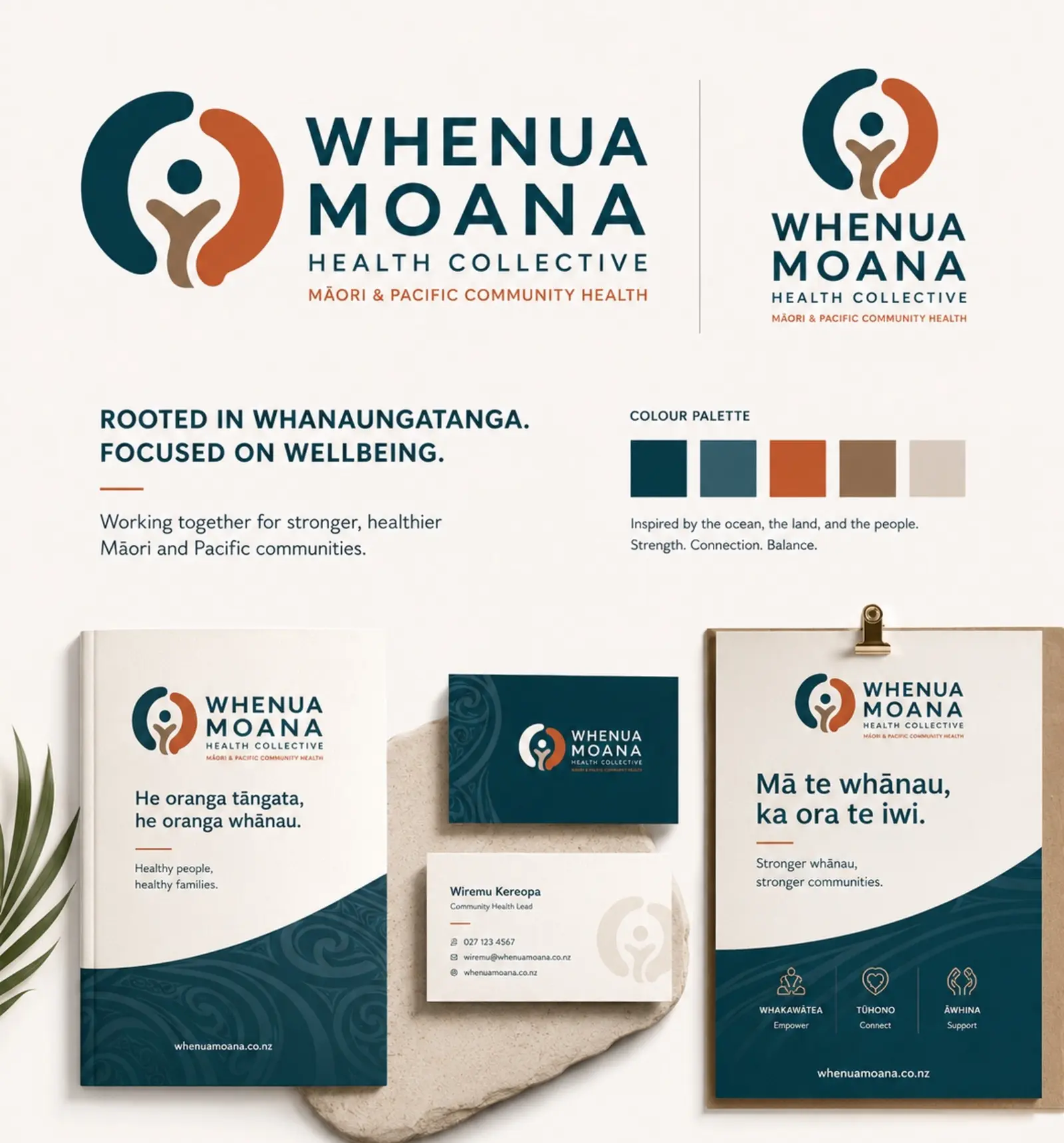 Whenua Moana Health Collective logo system, colour palette and branded communication materials